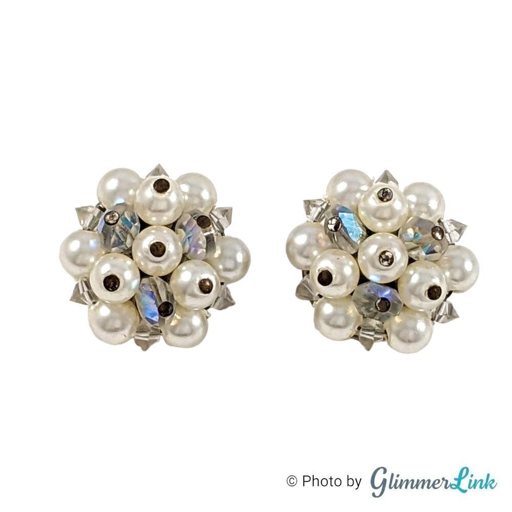 Vintage LAGUNA Faux Pearl Aurora Borealis Beaded Floral Cluster Clip On Earrings